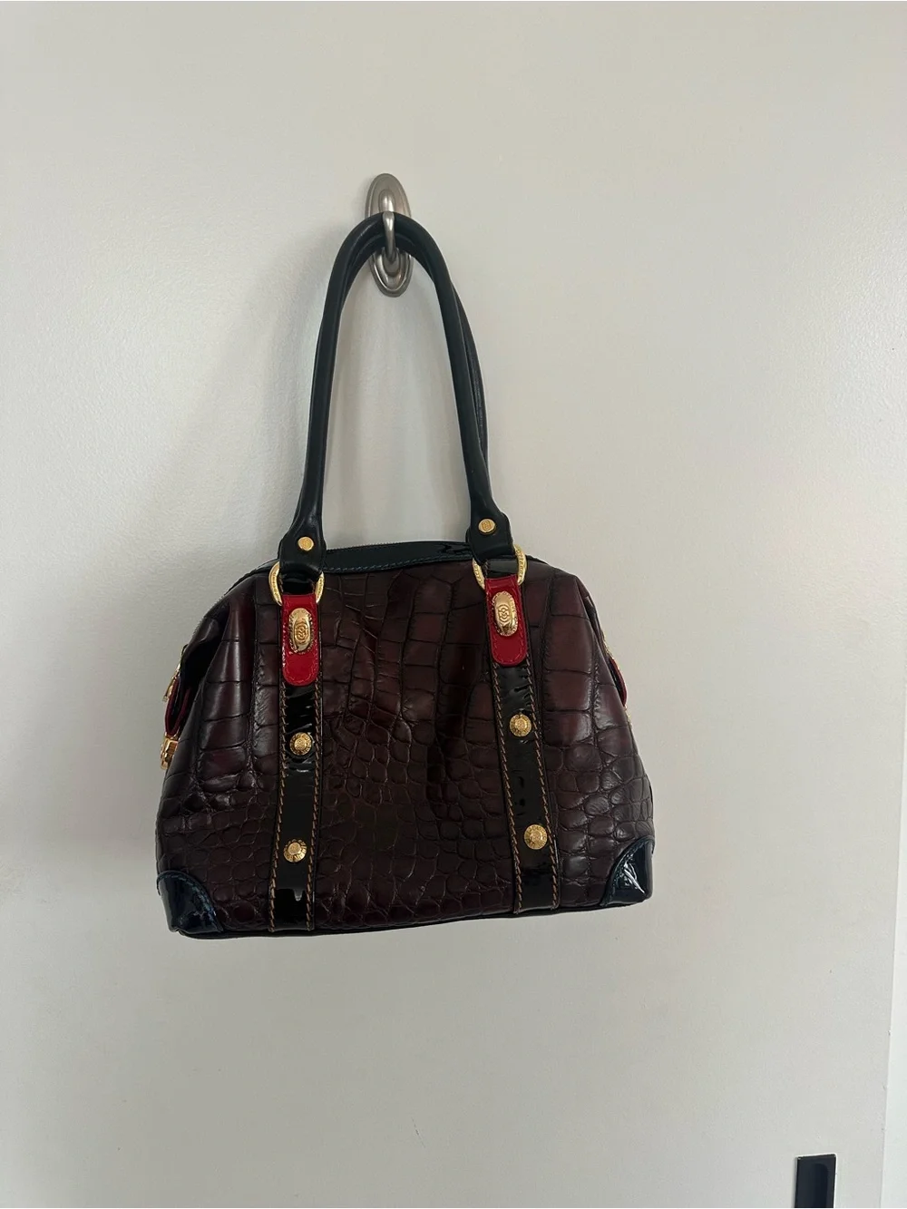 Marino Orlando Stylish Croc-Embossed Satchel Handbag in Deep Burgundy and Black